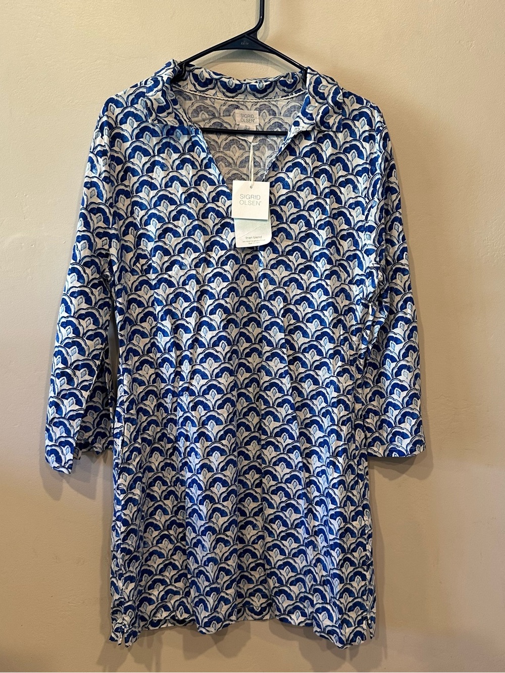 Sigrid Olsen Women’s 12 Blue White Geometric Linen Viscose Shift V-Neck Pockets